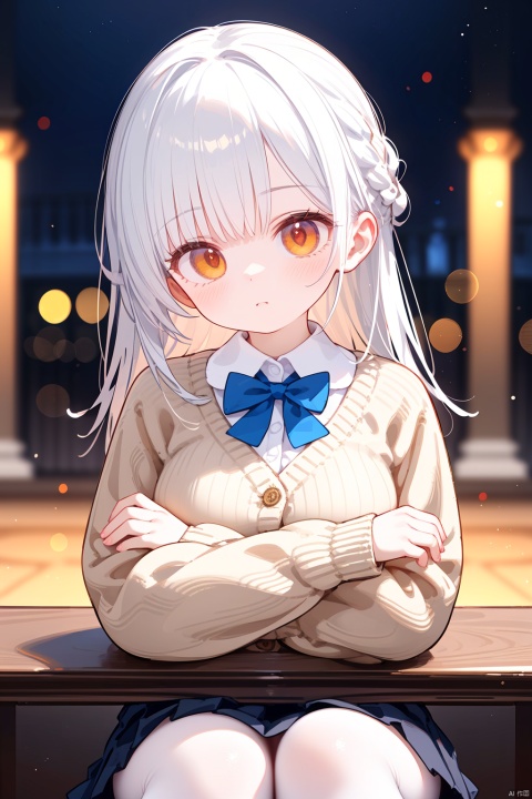  1girl,solo,loli,close-up face,orange eyes,thick eyelashes,tsurime,blush,fine fabric emphasis,white collar,brown cardigan ribbed sweater,blue pleated skirt,huge bow,white pantyhose,Hairpin,filigree,french braid,one side up,crossed arms, crossed legs,expressive hair,outdoor,depth of field,cinematic lighting,golden Theme,face focus, best quality, amazing quality, very aesthetic, absurdres,
