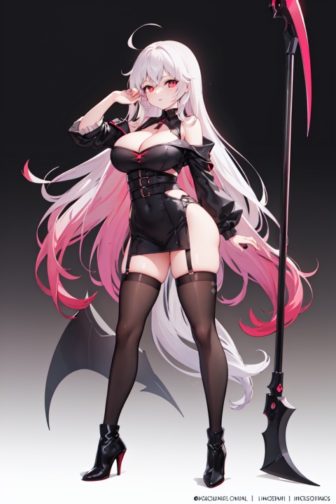  1girl, black_background, boots, breasts, cleavage, copyright_name, full_body, gradient, gradient_background, high_heels, holding, large_breasts, long_hair, looking_at_viewer, red_eyes, scythe, solo, standing, thighhighs, very_long_hair, watermark