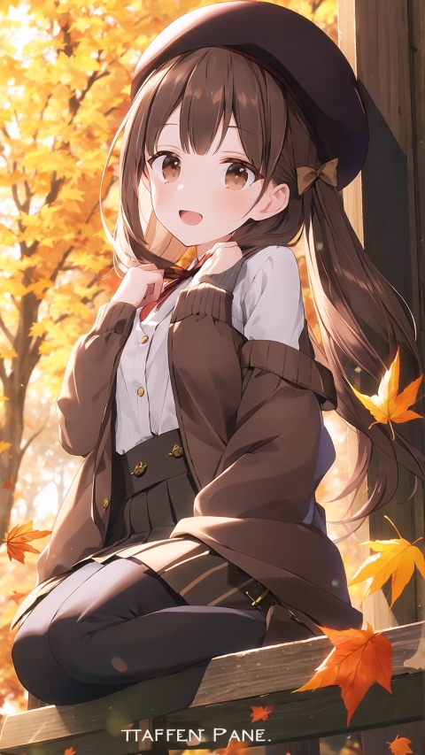  1girl, smile, pleated skirt,solo, long hair, off shoulder, brown eyes, autumn leaves,open mouth, (puffy long sleeves), beret, brown hair, puffy sleeves, open cardigan, autumn, hair ribbon, maple leaves, outdoors,falling leaves,(from below,wide shot,panorama,depth of field,full body,mid shot,English text),(hand on chests),sitting,tilt
