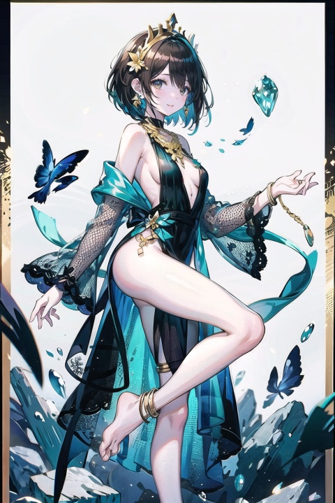  1girl, solo, barefoot, breasts, jewelry, short hair, anklet, looking at viewer, full body, sideboob, bare legs, black hair, dress, bangs, small breasts, bare shoulders, wide sleeves, blush, detached sleeves, tiara, brown eyes, parted lips, long sleeves, bob cut, feet, earrings, green dress, brown hair, toes, standing on one leg, legs, sideless outfit, leg up, pelvic curtain, standing, revealing clothes, thighs, headpiece, hairband, medium breasts, closed mouth, gold, from side, bracelet, no panties, see-through, black eyes, no bra, circlet, floating, necklace, border, soles, smile, toenails, off shoulder, hair ornament, gem, shiny, sleeveless dress,vibrantProj,COLORS
