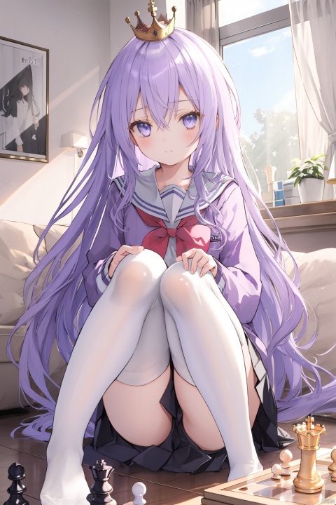  (best quality),(masterpiece),1girl, solo, chess piece, white sailor collar, crown, thighhighs, hair between eyes, long hair, no shoes, mini crown, shirt, sailor collar, black thighhighs, very long hair, bangs, closed mouth, window, purple shirt, long sleeves, indoors, curtains, knees up, sitting, serafuku, school uniform, soles, board game