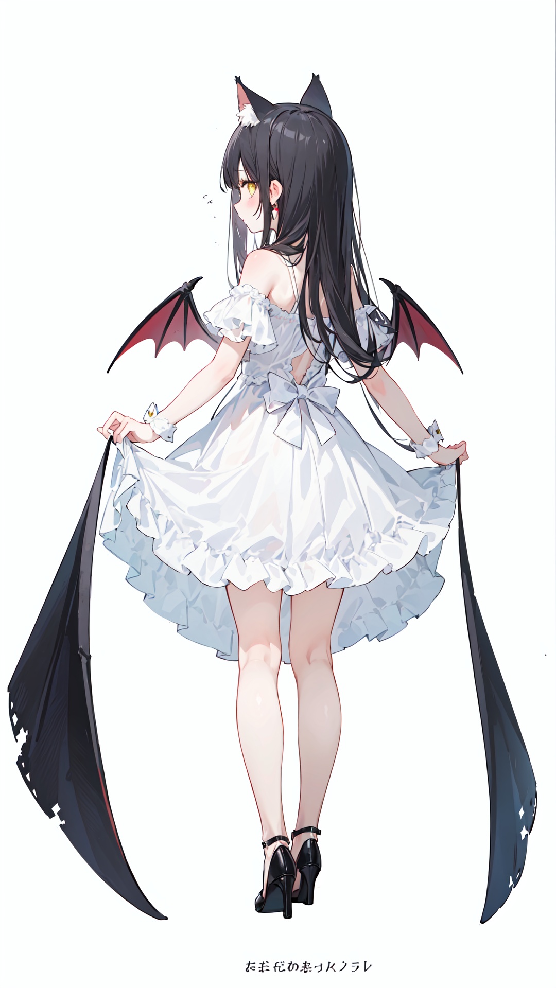  1girl, animal_ears, bat_wings, black_hair, dress, from_behind, full_body, high_heels, long_hair, simple_background, skirt_hold, solo, standing, white_background, white_dress, wings, yellow_eyes