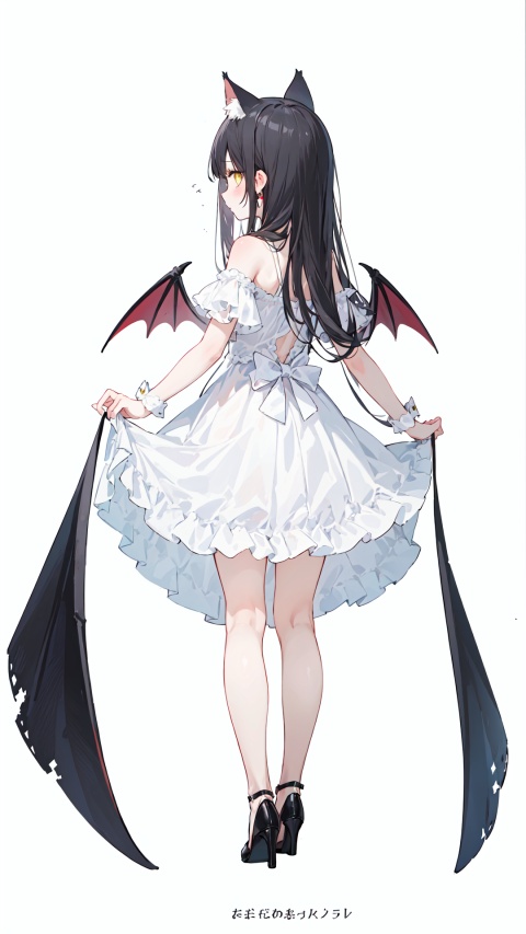  1girl, animal_ears, bat_wings, black_hair, dress, from_behind, full_body, high_heels, long_hair, simple_background, skirt_hold, solo, standing, white_background, white_dress, wings, yellow_eyes