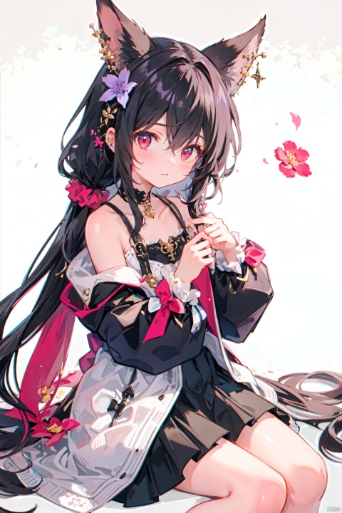  1girl, solo, long hair, looking at viewer, blush, bangs, skirt, simple background, shirt, black hair, red eyes, long sleeves, animal ears, hair between eyes, bare shoulders, sitting, closed mouth, collarbone, jacket, flower, open clothes, sleeveless, wide sleeves, black skirt, grey background, coat, head tilt, hands up, piercing, own hands together, ear piercing, purple flower, wrist scrunchie, erune, Thick coating