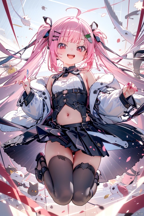  (best quality),(masterpiece),1girl, solo, thighhighs, long hair, pink hair, red eyes, black footwear, twintails, skirt, very long hair, navel, looking at viewer, hair ornament, black skirt, bare shoulders, black thighhighs, detached sleeves, shoes, open mouth, long sleeves, hairclip, small breasts, high heels, pleated skirt, smile, breasts, panties, open clothes, brown thighhighs, underwear, blush, bangs, miniskirt, ribbon, :d, ahoge, hair ribbon, floating hair, wide sleeves, white jacket, puffy sleeves, nail polish, stomach, jacket, white panties