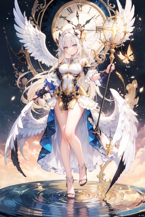 1girl, blonde_hair, breasts, feathered_wings, full_body, holding, long_hair, medium_breasts, solo, staff, standing, very_long_hair, white_hair, white_wings, wings, yellow_eyes
