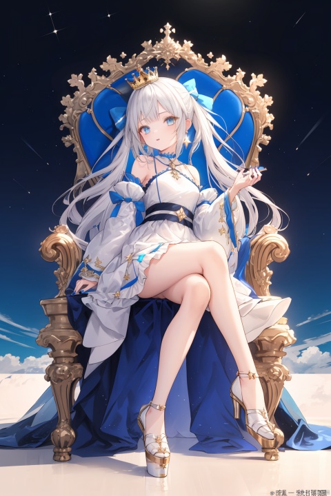  (best quality),(masterpiece),1girl, long hair, dress, sitting, crown, blue eyes, bangs, white dress, solo, full body, white footwear, looking at viewer, toes, blue bow, high heels, jewelry, bare legs, white hair, bow, earrings, detached sleeves, belt, toenails, legs, bare shoulders, parted lips, nail polish, very long hair, feet, toenail polish, breasts, platform footwear, throne, virtual youtuber, star \(sky\), sky, hand up, mini crown, puffy sleeves, long sleeves, bell, weibo username, small breasts