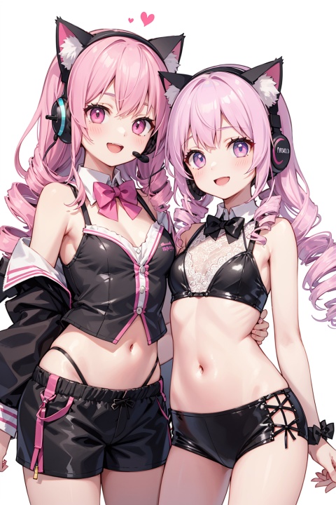  2girls, bare_shoulders, bow, bowtie, cat_ear_headphones, drill_hair, hand_on_headphones, headphones, headset, long_hair, looking_at_viewer, midriff, multiple_girls, navel, open_mouth, pink_hair, smile, twin_drills