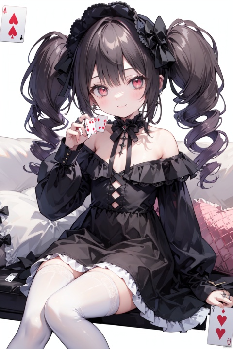  ,loli,petite,1girl, solo, celestia_ludenberg, red_eyes, black_hair, long_hair, drill_hair, thighhighs, twin_drills, lolita_fashion, twintails, card, gothic_lolita, smile, black_thighhighs, necktie, bonnet, claw_ring, jewelry, playing_card, looking_at_viewer, earrings, frills, sitting, dress