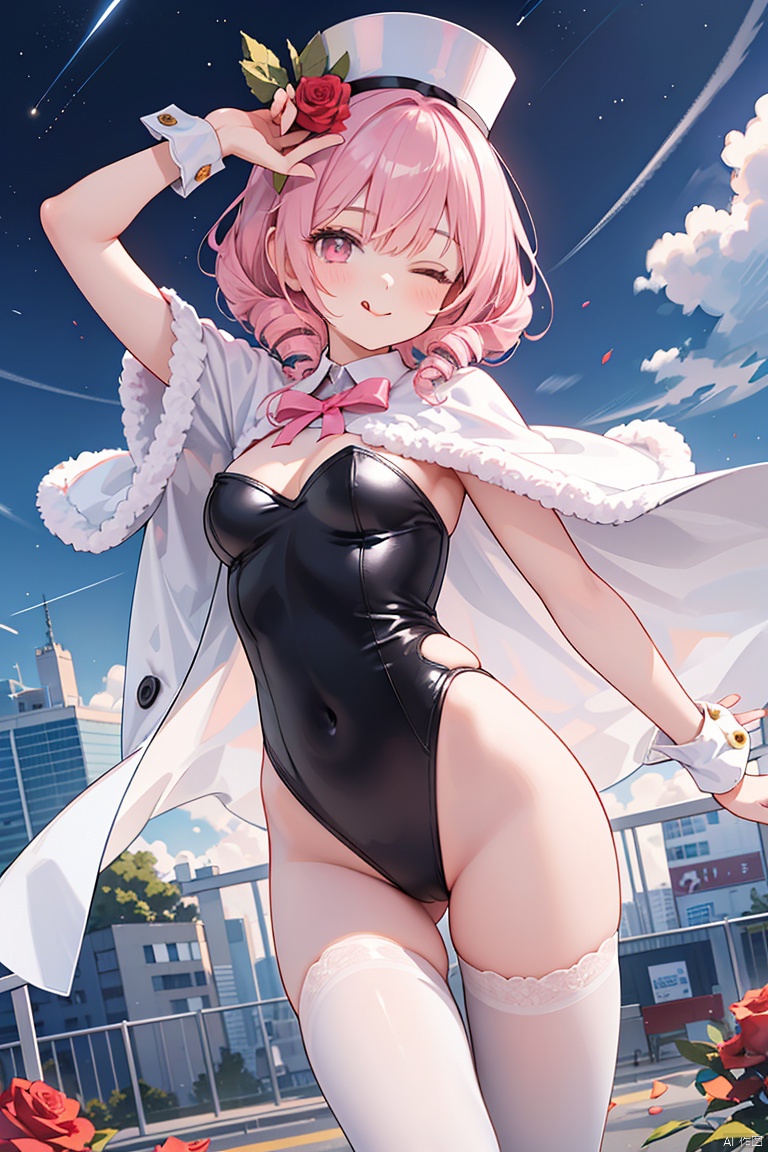 1girl, solo, one eye closed, pink hair, hat, smile, pantyhose, ribbon, pink eyes, leotard, bow, flower, leg ribbon, cape, striped, flag, pink leotard, holding, star (symbol), drill hair, tongue out, tongue, top hat, sky, rose, thigh ribbon, short hair, blush, fence, polka dot, frills, ;q, string of flags, binoculars, camera, star (sky), vertical stripes, twin drills