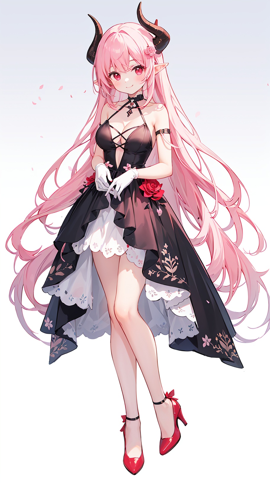  1girl,bare shoulders,breasts,cleavage,collarbone,dress,flower,gloves,gradient,gradient background,hair ornament,high heels,horns,long hair,medium breasts,pink flower,pink hair,pink rose,pointy ears,red eyes,red footwear,rose,single horn,smile,solo,very long hair,white gloves