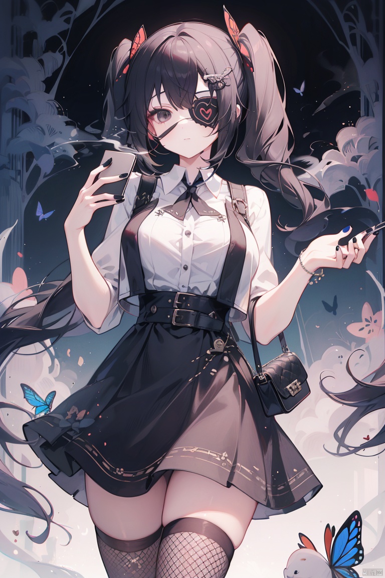  1girl, solo, best quality, detailed, looking at viewer, holding, black eyes, eyepatch, black hair, twintails, hair ornament, breasts, skirt, thighhighs, fishnets, black nails, nail polish, smoke, handbag, heart, phone, butterfly, beetle, dragonfly, spider, airplane, crab