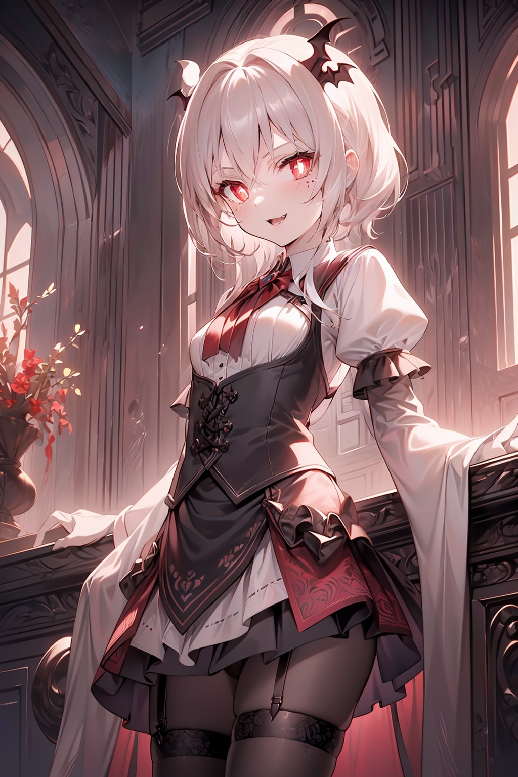 Medium view, (petite female vampire loli, white hair, red eyes, highly detailed pupils, bat shadow in pupils: 1.3), (black_red Lolita costume, black lace skirt, black stockings, sleeves: 1.3), full moon night, showing two fangs, two-dimensional, ultra-real, ultra-realistic, 2.5D, facial lighting, (fair and delicate skin, detailed portrayal of eyes, detailed engraving of the picture part, detailed portrayal of fingers, delicate and beautiful fingers: 1.3), rich in texture, Highest image quality, highest resolution, high detail, real hair, semi-round skirt, shadows in the night sky, perfect human anatomy, ,hand101,1girl,pantyhose,virgo