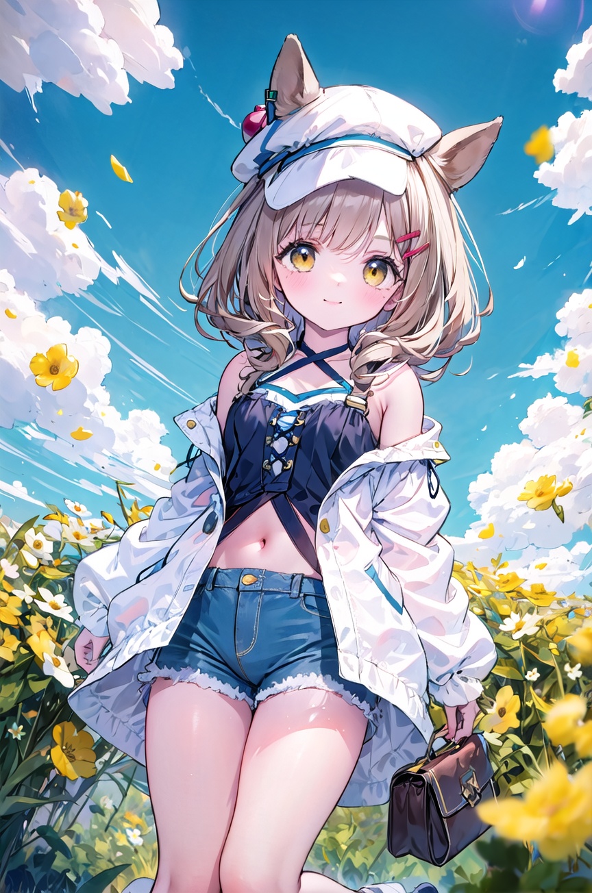  1girl,solo,Yellow eyes, brown hair, medium hair, （horse ears, Horse Tail）, red hat, hair ornament,alternate costume,bare shoulders,blue shorts,blunt bangs,casual,denim shorts,horse girl,long sleeves,open clothes,open jacket,orange hair,puffy long sleeves,smile,white hairband,white jacket,white shirt,A melancholic autumn scene in a vast flower field, a gentle breeze rustling through the dry grass, fallen leaves scattered among the flowers, a bittersweet atmosphere, a moment of quiet contemplation,dynamic angle, vivid, Soft and warm color palette, delicate brushwork, evocative use of light and shadow, wide shot, subtle details in the wilting flowers, high contrast, color contrast, , best quality, amazing quality, very aesthetic, absurdres, cozy anime, cuteloli, (plenty of yellow petals:1.35), lowangle