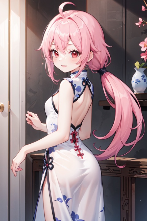  (1girl),thin,(very Long hair),(pink_hair),(((Low Ponytail))),(((red eyes))),smile,small breast,chinese dress,print dress,white dress,side,masterpiece,best quality,official art,extremely detailed CG unity 8k wallpaper,(back focus:1.2),cleavage, wall, low_twintails,ahoge,