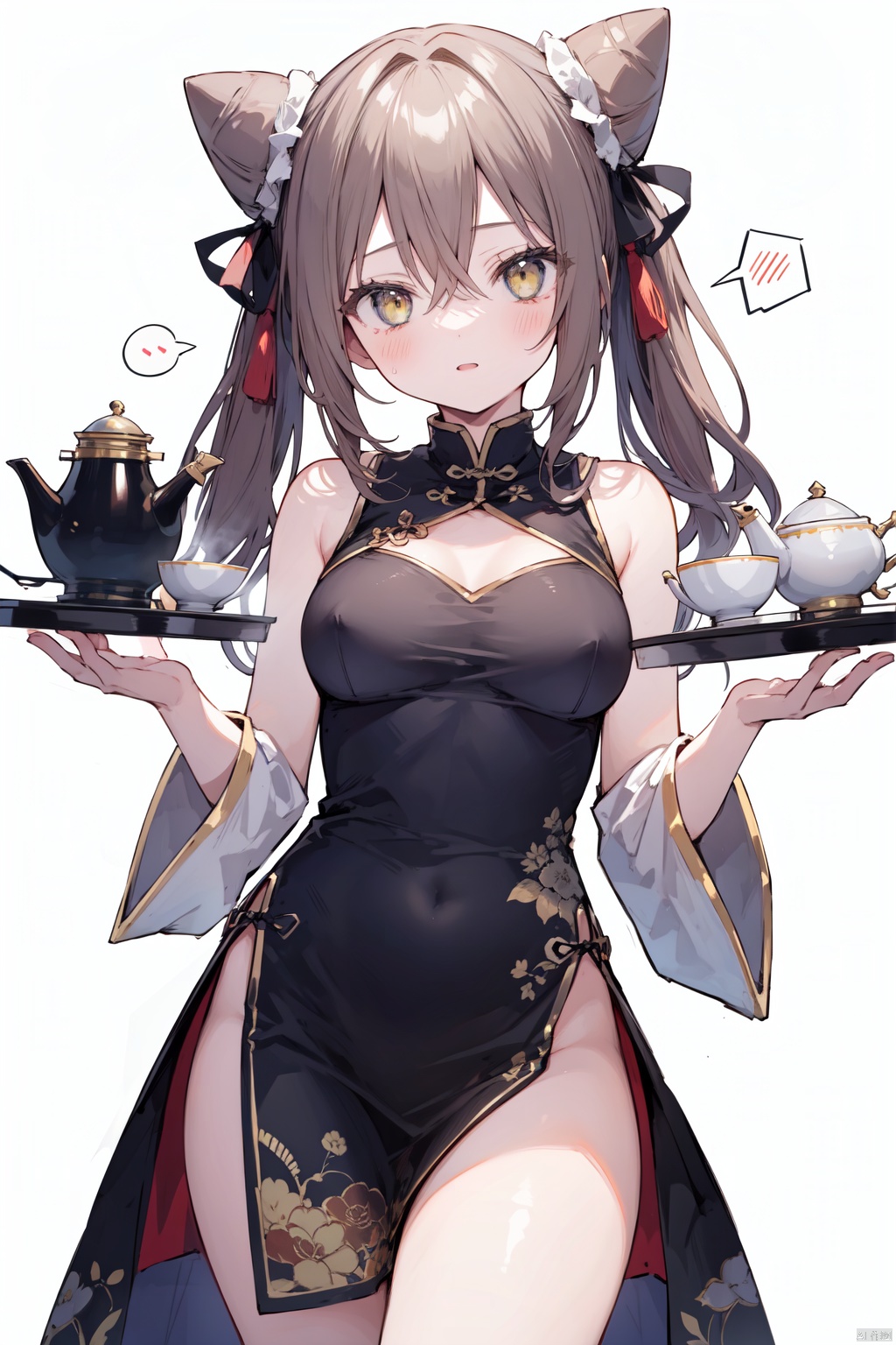  1girl, solo, osaki_tenka, spoken_blush, long_hair, yellow_eyes, looking_at_viewer, tray, brown_hair, bun_cover, chinese_clothes, china_dress, hair_bun, breasts, blush, dress, teapot, double_bun, cup, white_background, holding, holding_tray, teacup, simple_background, no_panties, bangs, black_dress, thighs, cowboy_shot, medium_breasts, hair_between_eyes, sleeveless