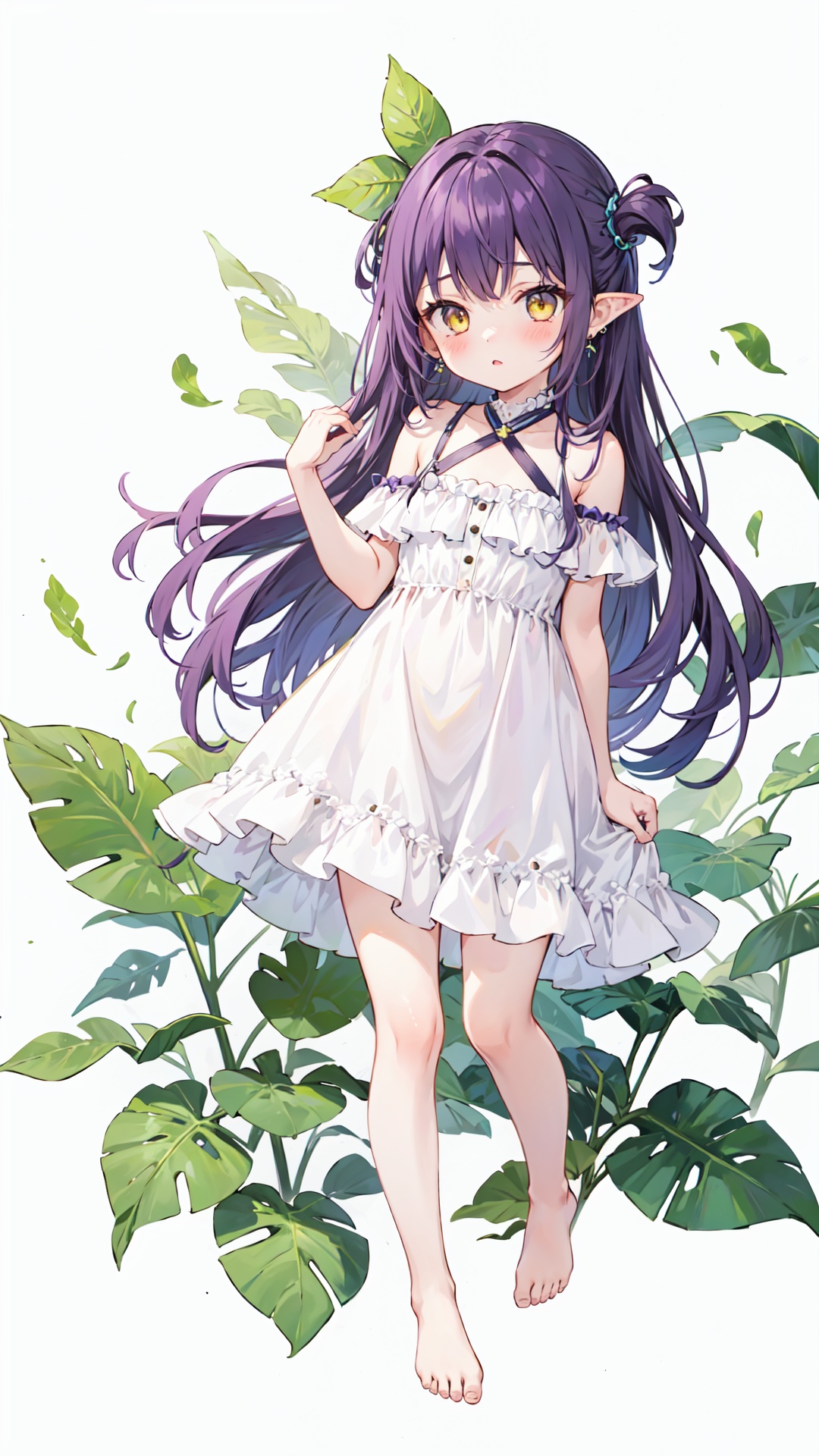  1girl, bangs, bare_shoulders, barefoot, blush, dress, earrings, fish, full_body, jewelry, leaf, long_hair, pointy_ears, purple_hair, solo, white_background, yellow_eyes