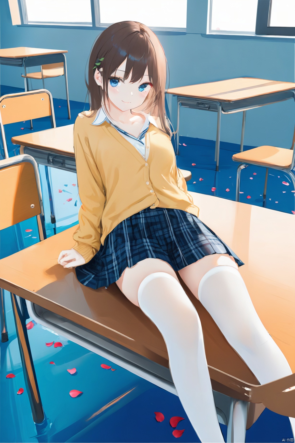 masterpiece,best quality,high quality,(colorful),[Artist toosaka asagi],[[[Artist wlop]]],[Artist chen bin],[Artist omone hokoma agm],Artist hiten (hitenkei),1girl, solo, thighhighs, desk, blue eyes, long hair, sitting, school desk, sitting on desk, on desk, white thighhighs, hair ornament, smile, water, skirt, shoes, school uniform, petals, blush, looking at viewer, zettai ryouiki, collarbone, leaf, classroom, loafers, blonde hair, brown hair, plaid, cardigan, plaid skirt, chair, indoors, ripples