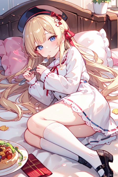  (best quality), (masterpiece),1girl, solo, long hair, fork, dress, blonde hair, knife, socks, looking at viewer, white dress, long sleeves, food, mary janes, heart, very long hair, white socks, ribbon, lying, hat, frills, pillow, on side, plate, bangs, hair ornament, kneehighs, red ribbon,