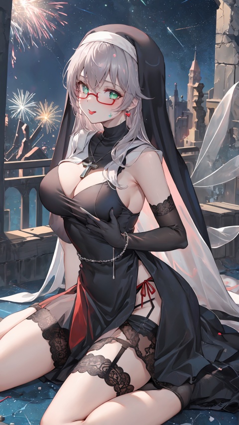  nun, masterpiece, high quality, beautiful wallpaper, 16k, anime, illustration, front view, (Gorgeous starry sky :1.4), (Marble ruin background :1.5), (fireworks :1.3), Perfect body, exquisite features, deadpan, milf, nun, (solo), ((1girl)), long hair, (light grey hair :1.3), beautiful green eyes,(heart in eye), heart-shaped pupils,(blank face),(black round rimmed glasses), cross necklace, cross earrings,(Wariza:1.4),(tongue sticking out), (skirt lift:1.4), (red face :1.5), (pornographic game style dress :1.5), (Nun dress :1.5), (broken dress :1.5), (bare midriff), (black garter belt:1.2), (black halter belt:1.2), (black lace panties :1.5), (Fairy ears :1.2), (black silk gloves), beautiful belly button, thin figure, ((large breasts)), (extremely tall), sexy