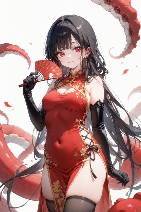  1girl, solo, red eyes, black hair, long hair, thighhighs, dress, breasts, gloves, red dress, white background, clothing cutout, simple background, black thighhighs, jewelry, smile, china dress, black gloves, signature, navel cutout, looking at viewer, hand fan, elbow gloves, navel, medium breasts, tentacles, chinese clothes, holding, earrings, bare shoulders, artist name, bangs, very long hair, sleeveless dress, sleeveless