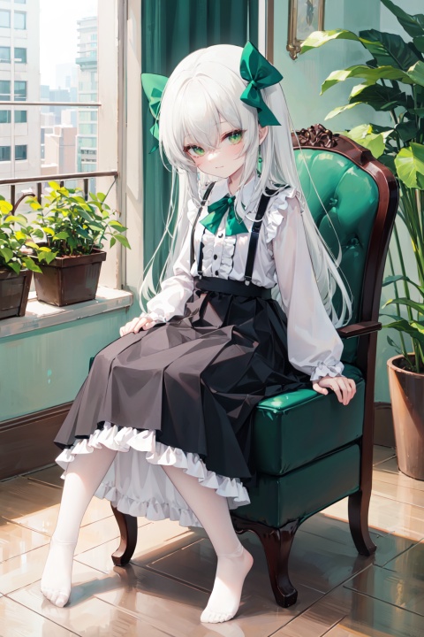  1girl, solo, pantyhose, green eyes, white pantyhose, center frills, long hair, long sleeves, frills, bow, no shoes, sitting, shirt, hair between eyes, skirt, white shirt, smile, chair, bangs, hair bow, looking at viewer, very long hair, closed mouth, blush, frilled skirt, on chair, sleeves past wrists, full body, indoors, black skirt, suspender skirt, green theme, green bow, white bow, feet, plant, white hair, puffy long sleeves, day, suspenders