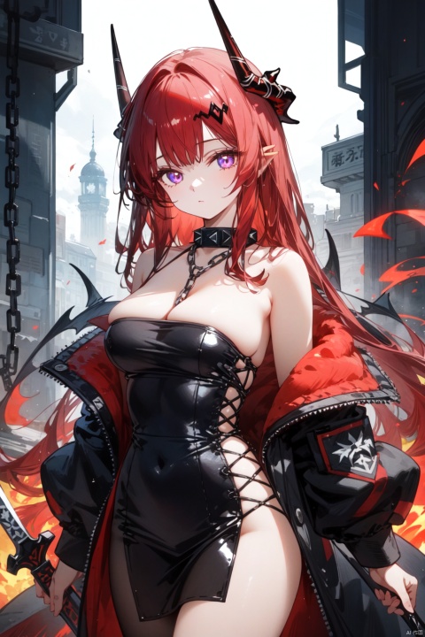  1girl, surtr_\(arknights\), horns, red_hair, weapon, purple_eyes, demon_horns, dress, long_hair, demon_girl, solo, looking_at_viewer, holding, black_dress, chain, sword, holding_weapon, breasts, spikes, spiked_collar, jacket, bare_shoulders, off_shoulder, slit_pupils, collar