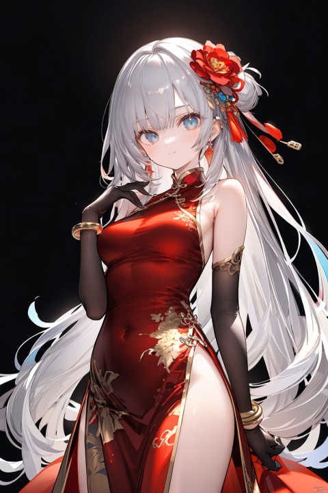 1girl, solo, long hair,looking at viewer, smile, bangs, blue eyes, hair ornament, dress,bare shoulders, jewelry, medium breasts, very long hair, closed mouth, standing,grey hair, sleeveless, elbow gloves, hair flower,bracelet,sleeveless dress, chinese clothes, red dress, china dress, pelvic curtain, side slit, nai3,