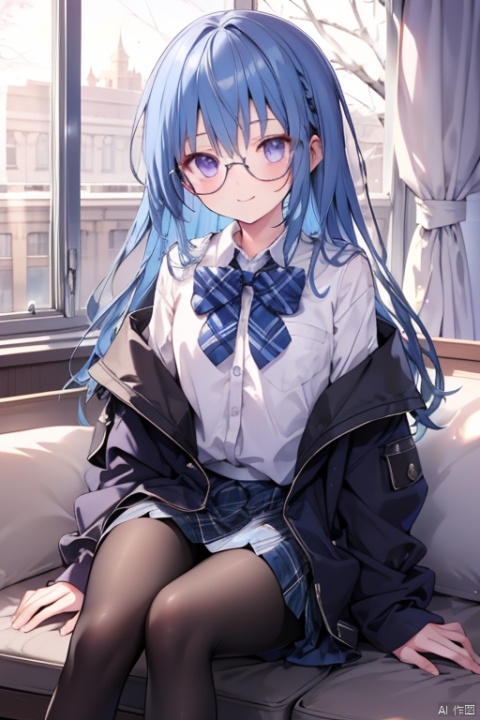  (best quality), (masterpiece),best quality, 1girl, solo, pantyhose, purple eyes, long hair, glasses, skirt, school uniform, plaid, black pantyhose, blue hair, plaid skirt, sitting, bow, looking at viewer, smile, jacket, ribbon, blush