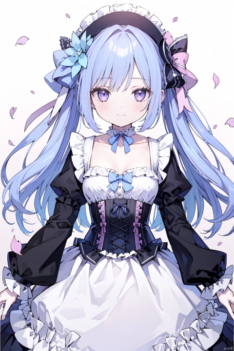  best quality, amazing quality, very aesthetic, absurdres,matsubara_kanon, 1girl, frills, bow, dress, bonnet, horse, purple_eyes, frilled_dress, blue_hair, smile, ribbon, long_hair, bangs, solo, hair_ribbon, jewelry, flower, bowtie, signature, one_side_up, frilled_sleeves, detached_collar, petals, closed_mouth, striped_bow, lolita_fashion, hair_ornament, frilled_choker, dress_bow, corset, pink_bow, striped, choker, holding, long_sleeves, frilled_collar, collarbone, pink_flower