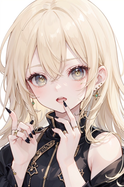  1girl, black_nails, blonde_hair, close-up, fingernails, jewelry, long_fingernails, long_hair, looking_at_viewer, nail_polish, open_mouth, ring, simple_background, solo, white_background, yellow_eyes, greendesign