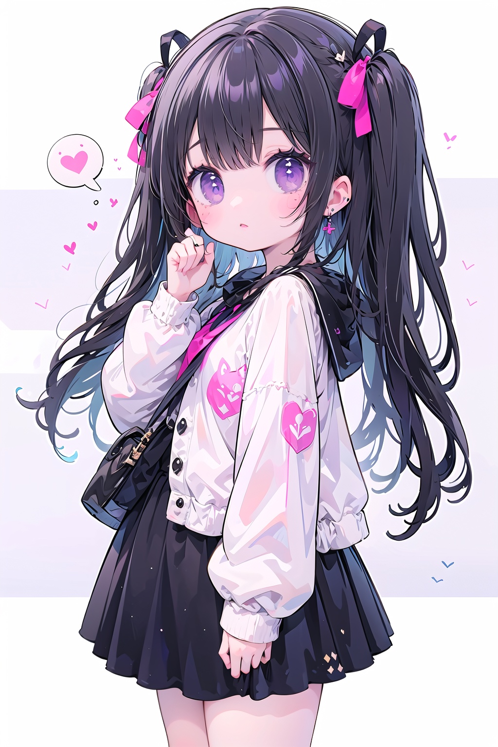  best quality, masterpiece, extremely detailed, high-quality,detailed backgroundvery intricate,Cute decorations,cute background,(Character Design),Official Art,scene,1girl, ,solo, dress, cute girl,(subculture),kawaii,yamikawaii, cute pose,purple shirt,((black skirt)), lolita_fashion,Long sleeved,(middle_hair), black hair,((two side up)),wavy hair,(((asymmetrical bangs))),purple eyes,cat eyes,slit pupils,bow, purple Jewelry,gradient,cross,E-girls,Emotional,non-mainstream,Avant-garde and innovative clothing design,