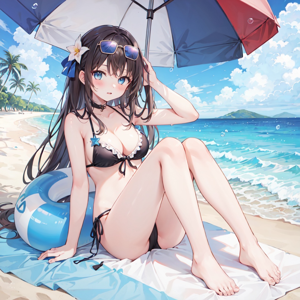  1girl, air_bubble, ball, bare_legs, bare_shoulders, barefoot, beach, beach_umbrella, beachball, bikini, blue_eyes, blush, breasts, brown_hair, bubble, cleavage, coconut, crab, eyebrows_visible_through_hair, fish, flower, food, full_body, hair_flower, hair_ornament, innertube, long_hair, looking_at_viewer, ramune, saint_quartz_\(fate\), sand, sand_castle, sand_sculpture, seashell, shell, shovel, sitting, solo, star_\(symbol\), star_hair_ornament, star_print, starfish, sunglasses, swimsuit, tropical_drink, umbrella, very_long_hair, water, watermelon