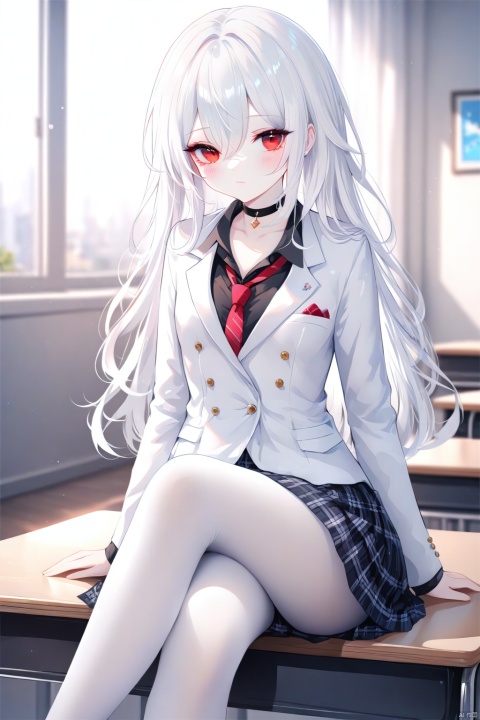  (masterpiece), (best quality), illustration, ultra detailed, hdr, Depth of field, (colorful),[wlop],[[sheya]],lhlmcdm,1girl, solo, pantyhose, white pantyhose, skirt, sitting, white hair, blush, plaid skirt, red eyes, choker, necktie, black choker, indoors, shirt, plaid, looking at viewer, jacket, school uniform, breasts, crossed legs, blurry, long sleeves, black shirt, small breasts, white jacket, pleated skirt, blurry background, hair between eyes, long hair, eyes visible through hair, closed mouth, on desk, desk, sitting on table, sitting on desk, black skirt, blazer
