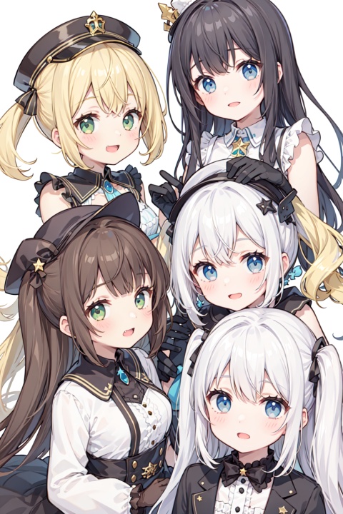  6+girls, black_hair, blonde_hair, blue_eyes, blue_hair, blue_headwear, breasts, brown_eyes, brown_hair, dress, gloves, green_eyes, hat, long_hair, low-tied_long_hair, multiple_boys, multiple_girls, open_mouth, short_hair, smile, star_\(symbol\), twintails