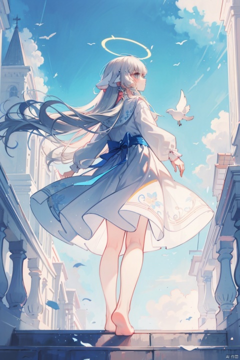1girl, solo,angel, long hair,  long sleeves, dress, standing, outdoors, sky, barefoot, day, white dress, blue sky, scenery, blue theme,White stairs, wide shot,floating White Thousand Paper Crane,detailed background,Many thousand paper cranes,Standing on the steps and looking up at the sky,Aestheticism Painting,intricate detail,Angel wings, halo,loli,chii