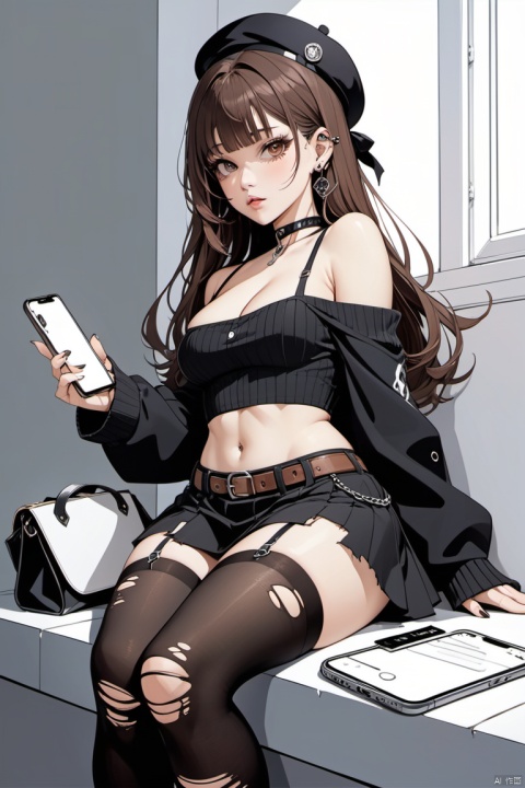  as style,masterpiece,best quality,line art,line style,
 1girl, solo, phone, long hair, hat, breasts, holding phone, thighhighs, holding, cellphone, skirt, cleavage, navel, torn clothes, brown hair, midriff, black headwear, beret, crop top, looking at viewer, parted lips, smartphone, torn thighhighs, brown eyes, bag, bare shoulders, sleeves past wrists, piercing, long sleeves, black skirt, black thighhighs, off shoulder, shirt, collarbone, , choker, jewelry, garter straps, ear piercing, earrings, miniskirt, chain, black shirt, medium breasts, collar, hand up, black choker, bangs, sitting, belt, stomach，doggy style，