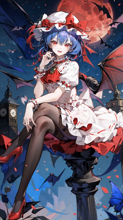  1girl, solo, wings, remilia scarlet, red eyes, hat, mob cap, moon, bat wings, bat \(animal\), crossed legs, high heels, looking at viewer, red footwear, short sleeves, short hair, puffy sleeves, ribbon, dress, blue hair, wrist cuffs, pantyhose, puffy short sleeves, hat ribbon, red ribbon, black pantyhose, sitting, ascot, frills, full moon, red bow, red moon, open mouth, bow, night, smile, fang, scarlet devil mansion, frilled shirt collar, full body, frilled sleeves, sky, purple hair, outdoors, red ascot, hair between eyes, clock tower, white dress, bangs,