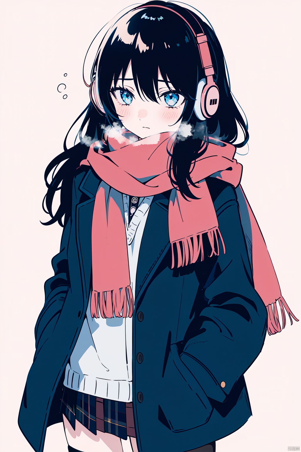  1girl, bangs, black_hair, blue_eyes, blush, breath, coat, cowboy_shot, earmuffs, gradient, gradient_background, hair_between_eyes, hands_in_pockets, headphones, headphones_around_neck, jacket, long_hair, looking_away, pink_background, plaid, plaid_scarf, plaid_skirt, pleated_skirt, red_scarf, scarf, school_uniform, skirt, solo, thighhighs