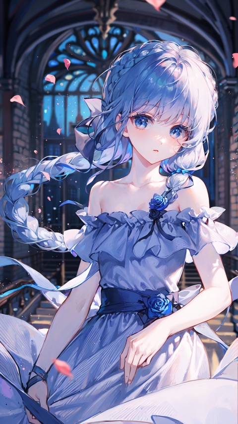  ((best quality)),(masterpiece:1.1),HD,high quality,8k,blue_flower, blue_rose, flower, 1girl, rose, solo, blue_eyes, long_hair, braid, blue_ribbon, dress, blue_bow, looking_at_viewer, white_dress, petals, blurry, collarbone, bangs, bare_shoulders