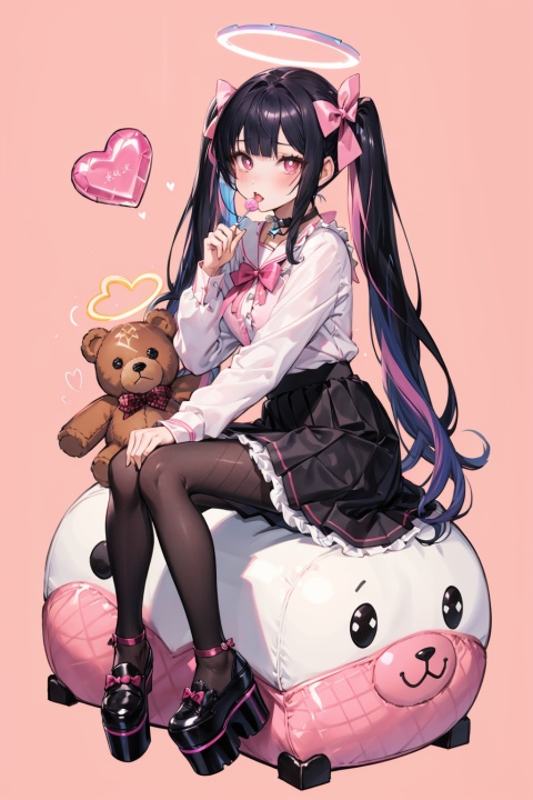masterpiece,  best quality,  1girl,  solo,  long hair,  looking at viewer,  bangs,  skirt,  shirt,  black hair,  long sleeves,  bow,  ribbon,  twintails,  sitting,  monochrome,  hair bow,  heart,  pantyhose,  frills,  food,  shoes,  choker,  blunt bangs,  black skirt,  pink eyes,  symbol-shaped pupils,  halo,  heart-shaped pupils,  stuffed toy,  pink background,  stuffed animal,  frilled skirt,  pink bow,  fishnets,  candy,  bandaid,  pink shirt,  teddy bear,  lollipop,  fishnet pantyhose,  platform footwear,  pink theme,  pill,  jirai kei,  lam style, colorful hair, hiqcgbody, masterpiece,  best quality, holographic, holographic ccozy anime, moyou, AGM, soft, WhitePantyhose, 1girl