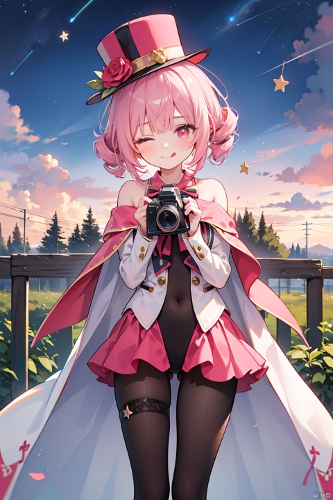 1girl, solo, one eye closed, pink hair, hat, smile, pantyhose, ribbon, pink eyes, leotard, bow, flower, leg ribbon, cape, striped, flag, pink leotard, holding, star (symbol), drill hair, tongue out, tongue, top hat, sky, rose, thigh ribbon, short hair, blush, fence, polka dot, frills, ;q, string of flags, binoculars, camera, star (sky), vertical stripes, twin drills