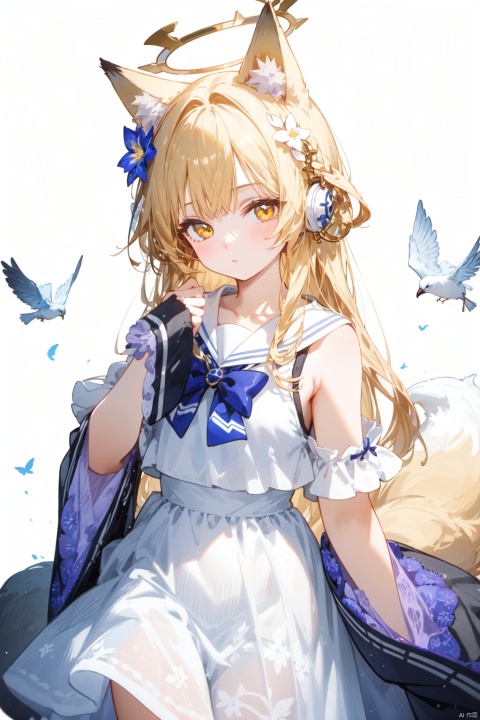  solo, 1girl, white background, simple background, animal ears, detached sleeves, fox ears, blonde hair, halo, long hair, looking at viewer, hair ornament, yellow eyes, dress, white dress, flower, white sailor collar, forehead, sleeves past wrists, bangs, parted bangs, sailor collar, fox tail, blush, tail, sleeves past fingers, sleeveless, hair flower, bird, animal ear fluff