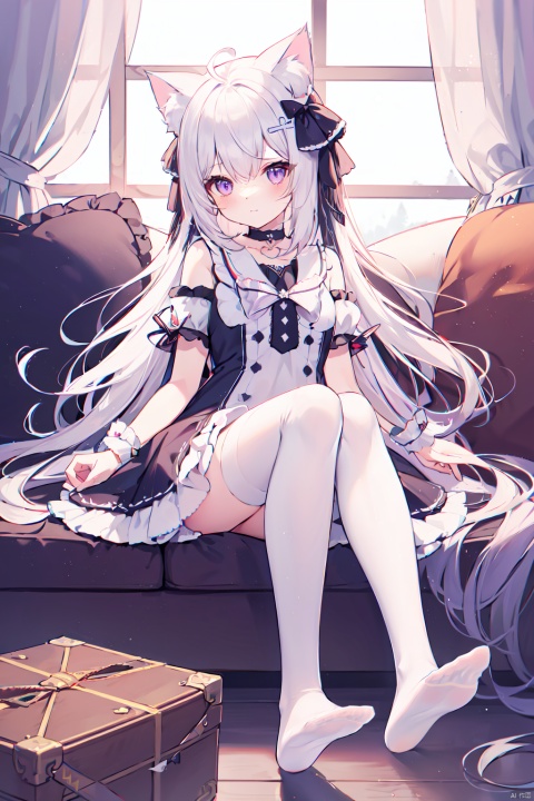  1girl, solo, long hair, looking at viewer, bangs, hair ornament, thighhighs, dress, bow, ribbon, animal ears, hair between eyes, bare shoulders, sitting, very long hair, closed mouth, purple eyes, tail, full body, flower, ahoge, white hair, short sleeves, hair bow, frills, detached sleeves, choker, puffy sleeves, virtual youtuber, cat ears, white dress, feet, white thighhighs, puffy short sleeves, cat tail, animal ear fluff, wrist cuffs, no shoes, soles, frilled dress, cat girl, tail ornament, tail bow