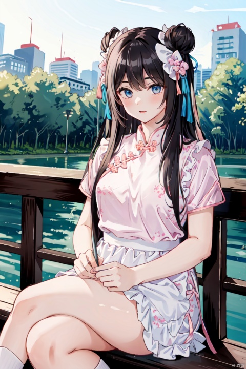  1girl, zhonghuaniang, pink, sitting, outdoors, city, park, upper body,