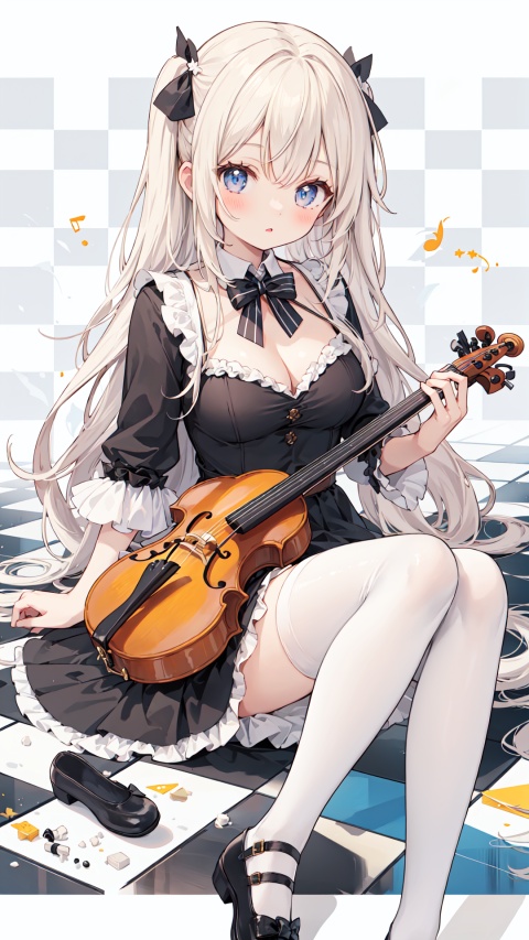  1girl, argyle, argyle_background, argyle_legwear, blonde_hair, bow, bow_\(instrument\), breasts, checkered, checkered_background, checkered_flag, checkered_floor, checkered_legwear, chess_piece, cleavage, copyright_name, dress, frills, hair_bow, holding_instrument, instrument, long_hair, medium_breasts, music, perspective, playing_instrument, puffy_sleeves, shoes, sitting, solo, thighhighs, very_long_hair, violin, white_legwear