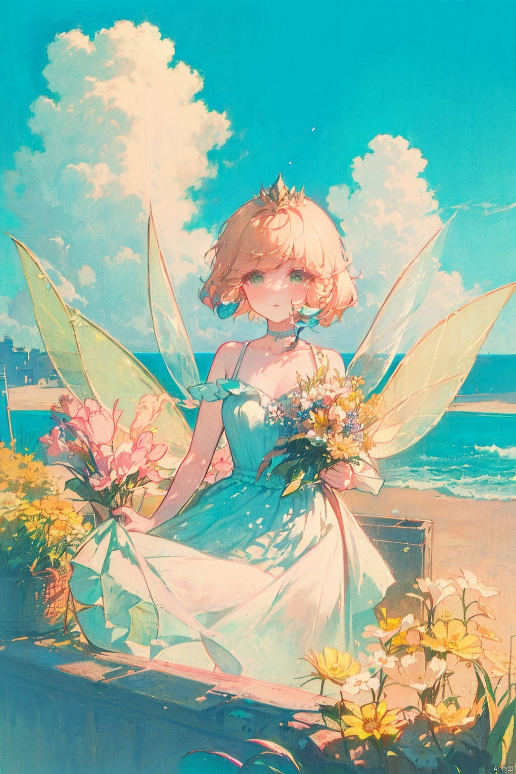  Anime, single person, masterpiece, sense of design, best quality, super fine painting, detailed light description, (((figure key lighting, volume light, Dingdal effect, beautiful light)), (luminous particles), ((illustration)), environment description (seaside cliff (sunny, blue sky and white clouds), flower fields, flower sea, castle, pearl white city, sea city Zhelou). Character Description: Princess (Fairy, Transparent Wings, Random Hair Colors, Random Hairstyles, Braids), Pink White, Emerald Green Eyes, Exquisite Eye Sculpture, Random Costume, collarbone, slender and fair neck, white neck ornament, Crystal Hair Crown, Crystal Pendant)