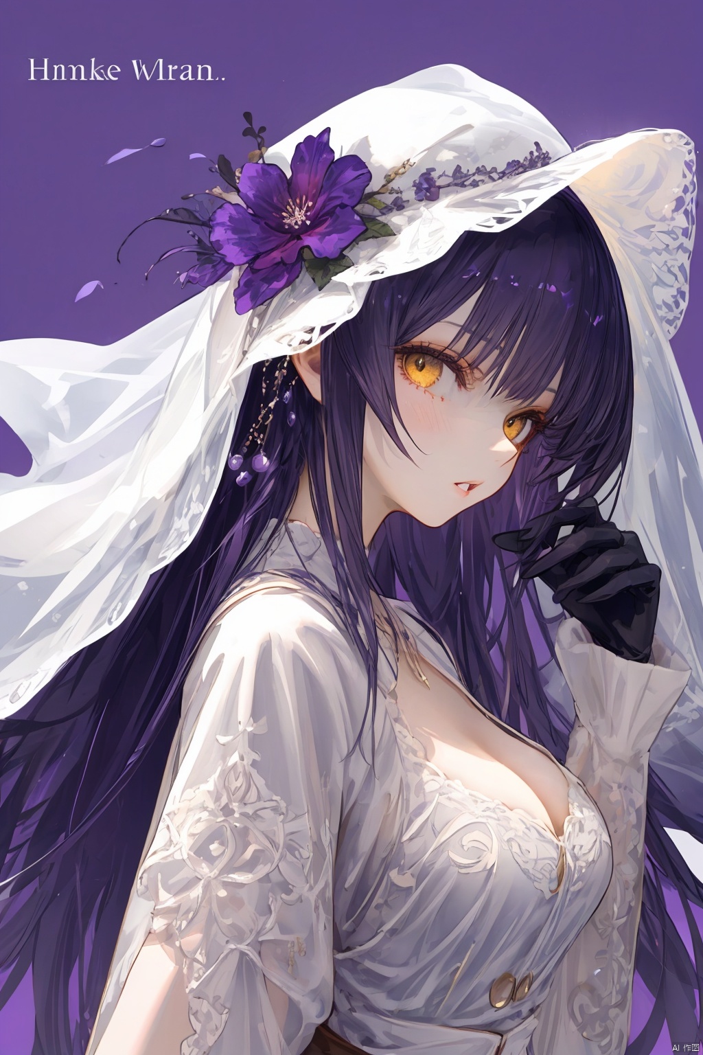  Revised sentence: "A solo girl . She has parted lips and is looking at the viewer from the side profile while standing against a simple purple background with a purple flower. Her upper body, which has English text on it. Additionally, she has bangs and another hair flower."
hte,1girl,long hair,boots,purple hair,black gloves,veil,cleavage,pantyhose,large breasts,shorts,yellow eyes,