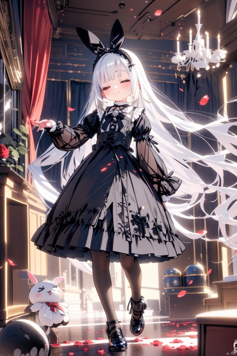 (best quality),(masterpiece),1girl, lolita fashion, long sleeves, dress, long hair, solo, lolita hairband, rose, bangs, white pantyhose, frills, black dress, white hair, puffy sleeves, closed mouth, gothic lolita, pantyhose, flower, red eyes, hairband, petals, black rose, black flower, very long hair, black footwear, blurry foreground, shoes, food, standing, juliet sleeves, sleeves past wrists, blurry, cake, closed eyes, smile, blush, bow, frilled dress, depth of field, frilled sleeves, floating hair, wide sleeves, curtains, blue bow, rabbit, watermark, full body, hair ornament,