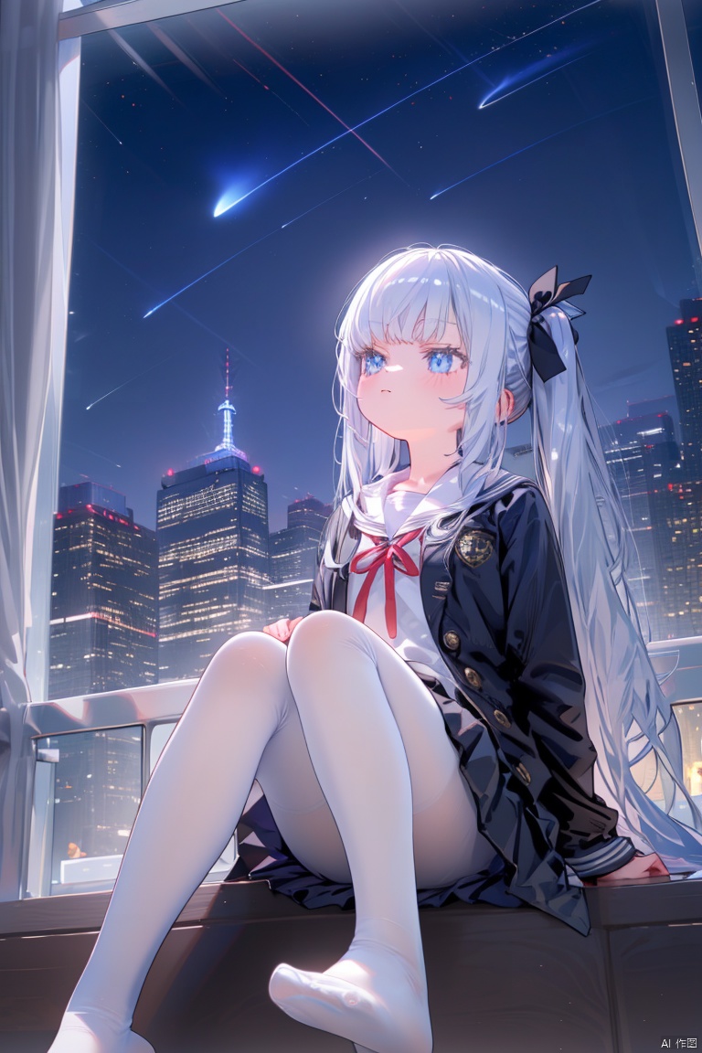  1girl,solo, long hair, skirt, school uniform, sitting, jacket, night, looking up, very long hair, pleated skirt, no shoes, sky, white pantyhose, blue eyes, black skirt, bow, shirt, white shirt,  serafuku, night sky, open clothes, twintails, hair ornament, black jacket, open jacket, cityscape, ribbon, bangs, railing